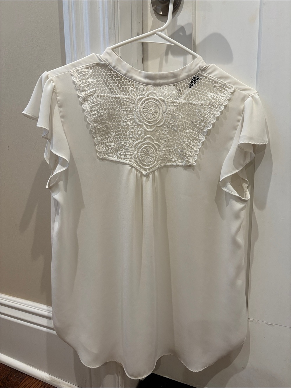 Women's Ivory Lace Yoke Flutter Sleeve Blouse